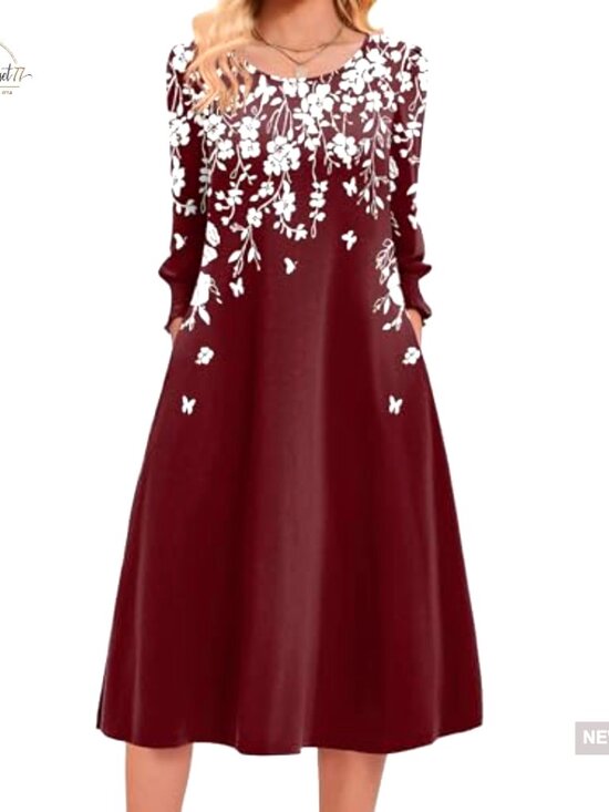 Floral Midi Dress with Pockets 3/4 Sleeve Casual Summer Women's - Picture 2 of 7